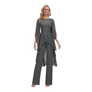 Grey Flutter Sleeves Jumpsuit Pants suit Romper with lace appliqué NWT